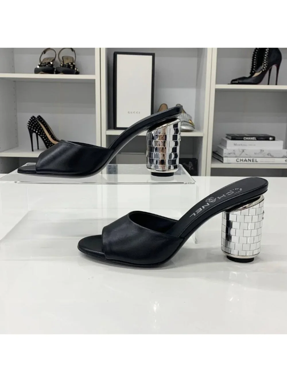 Chanel CC Logo Leather Mirror Heel Sandals Black